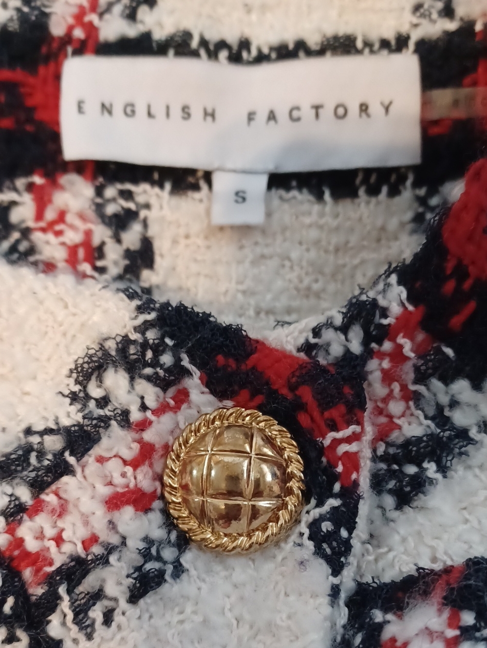 English Factory Plaid Boucle Jacket. Sz.S. White, Bk.& Red.26" Shoulder To Hem. - Picture 4 of 8